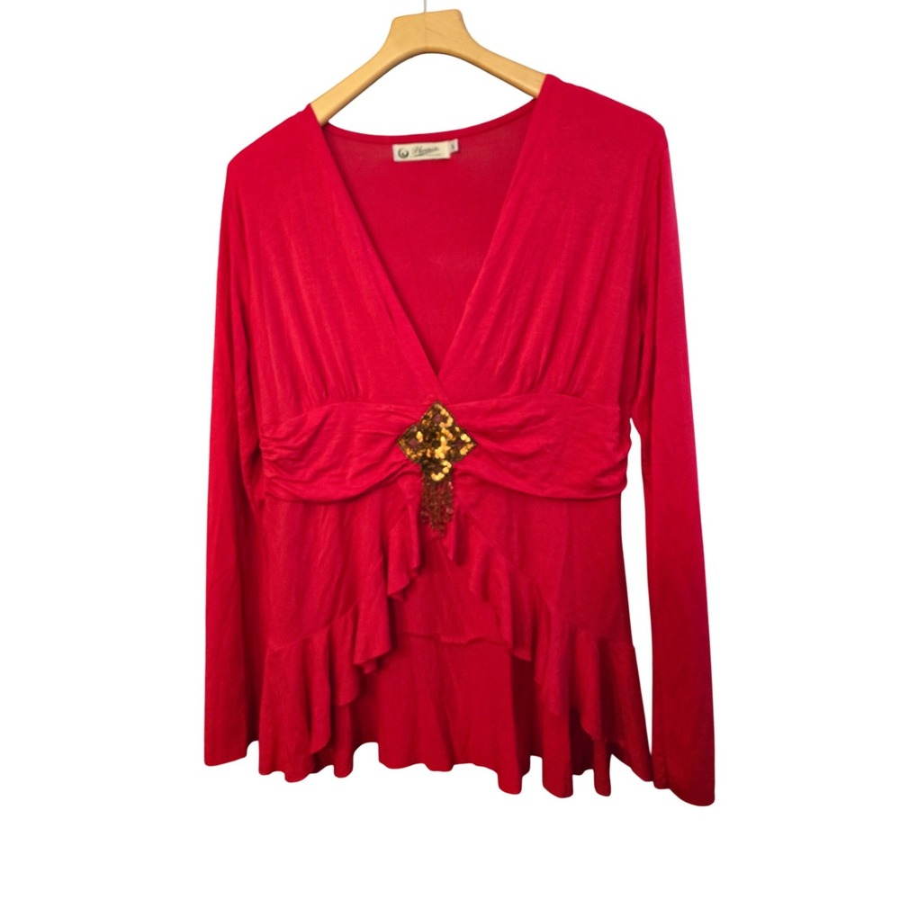 Phoenix Fashions Red V-Neck Long Sleeve Ruffle High-Low Top Sequin Fringe Large
